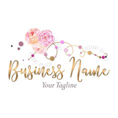 business name with pink flowers and gold lettering