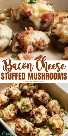 bacon cheese stuffed mushrooms in a casserole dish