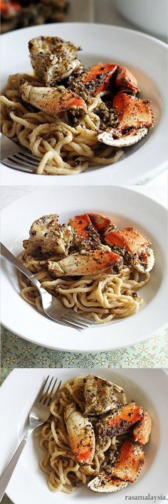 two pictures of pasta with lobsters and sauce on them, one in the process of being cooked