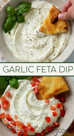 garlic feta dip topped with tomatoes and chip scooping some dip up Garlic Feta Dip, Whipped Feta Dip, Appetizer Party, Feta Dip, Salad Pasta, Whipped Feta, Dip Recipes Easy, Party Snack, Party Food Appetizers