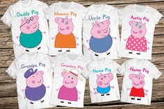 peppa pig family t - shirts with their names on them, all printed in different colors