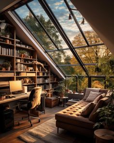 a living room filled with lots of furniture under a skylight above a desk and bookshelf