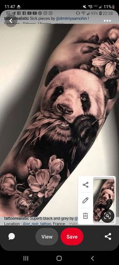 a panda bear with flowers on his arm is shown in an instagramtion photo