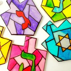 stained glass Hanukkah dreidels closeup Hanukkah Blessings, First Night Of Hanukkah, Custom Gift Cards, Unique Party Favors, Jewish Gifts, Jewish Art, Happy Hanukkah, Watercolor Art Lessons, Star Of David