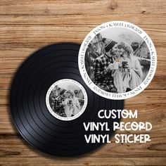 a vinyl record with the words custom vinyl record vinyl sticker on it next to an image of a couple kissing