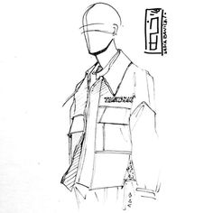 a black and white drawing of a man's jacket on a mannequin