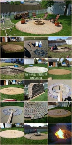 several pictures of different types of fire pit in the yard and on the lawn with text overlay that says, how to build a patio that fits