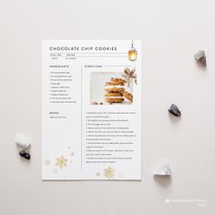 the recipe for chocolate chip cookies is displayed next to some rocks