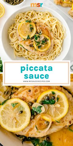 a plate of pasta with lemons, chicken and spinach