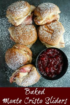 baked monte cristo sliders with powdered sugar on top and jelly in the middle