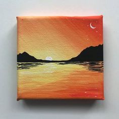 an acrylic painting of a sunset with mountains and the moon in the distance