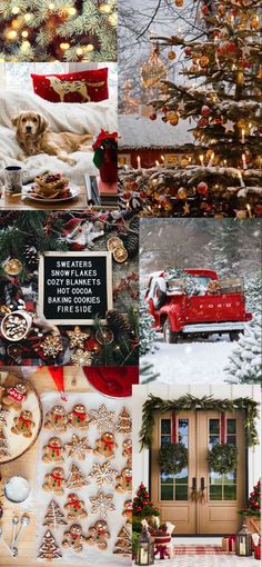 a collage of photos with christmas decorations and trees in the background, including a red truck