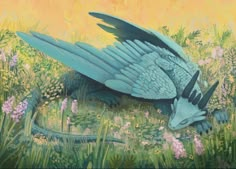 a painting of a blue bird laying in the grass