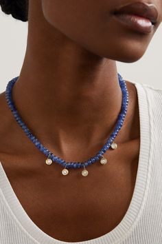 Sydney Evan's necklace is strung with glossy kyanite beads believed to promote strong connections and loyalty, so it would make a thoughtful gift for a friend or partner. It's cast from 14-karat gold and features five dainty, diamond-encrusted charms. Adjust the chain to your ideal fit. Czech Jewelry, Beading Netting, Stone Beaded Necklace, Jewelry Accessories Ideas, Sydney Evan, Handmade Wire Jewelry, Gold Work, Handmade Wire, Girly Jewelry