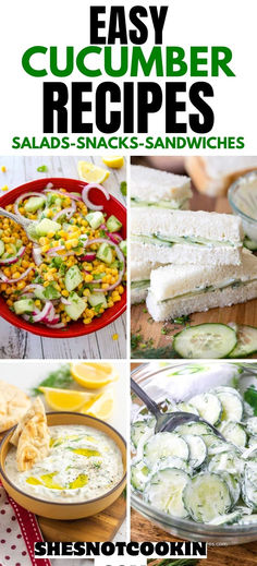 Cucumber recipes photo collage with text overlay. Recipe For Cucumber Salad, Cold Summer Salads, Cucumber Salad Recipes, Salad Carrot, Postpartum Meals, Snacks Sandwiches, Cucumber Appetizers, Caprese Salad Recipe, Creamy Cucumber Salad