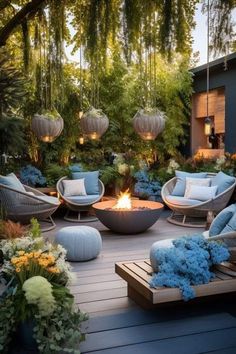 an outdoor seating area with chairs and fire pit