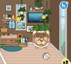 a cartoon cat in a house with plants and other things on the wall behind it