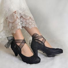 "Black lace embellished wedding shoes for the gothic bride, custom heel heights available. Personalized wedding heels for Halloween weddings or moody dark wedding theme. Unique bridal shoes for save the date photoshoot, custom wedding gift. Black lace bridal shoes are designed with embellished lace appliques. Shiny black beads and sequins are used on the embroidery. Organza ribbon laces can be tied as a bow on the front or around your ankle like a ballerina style... \"I Do\" is written on the so Gothic Fairy Wedding, Black Wedding Shoes Bride, Gothic Wedding Shoes, Unique Bridal Shoes, Save The Date Photoshoot, Gothic Heels, Date Photoshoot, Wedding Shoes Black, Embellished Wedding Shoes