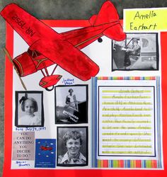 a collage of photos and an airplane on a bulletin board with post - it notes