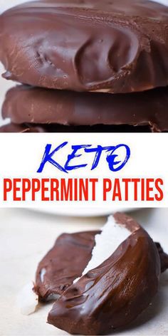 chocolate covered keto peppermin patties are stacked on top of each other and the text reads keto peppermin patties