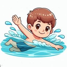 a young boy swimming in the water with his arms out and hands up above his head