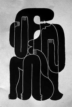 a black and white drawing of two people sitting next to each other on a piece of paper