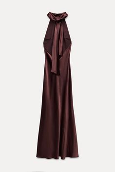 SATIN EFFECT HALTER NECK LONG DRESS - Wine | ZARA United States Layer A Satin Dress, Luxury Glamorous Silk Dress For Women, Luxury Silk Evening Dress For Spring, Luxury Glamorous Satin Maxi Dress, Halter Neck Dress With Long Sleeves, Cross Halter Silk Dress, Luxury Silk V-neck Evening Dress, Luxury Silk Evening Halter Dress, Luxury Chic Silk Dress For Spring