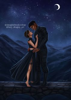 a man and woman are kissing under the stars in the night sky with mountains behind them