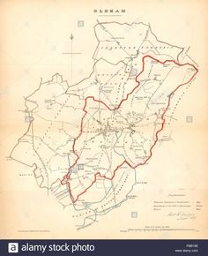 an old map showing the location of several towns and roads in england, with red lines on