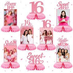 a collage of pink and white photos with the words sweet sixteen on it, surrounded by balloons