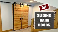 a sliding barn door with the words diy on it in front of an image