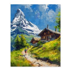 a painting of a man walking down a path towards a cabin with a mountain in the background