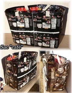 two pictures show the inside of bags with labels on them