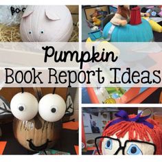 pumpkin book report ideas for fall and halloween with pictures of children's books, pumpkins, and stuffed animals