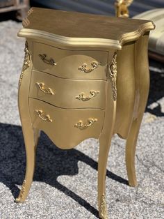 Vintage Real Solid Wood Chest of Drawers small commode painted in gold paint- pictures were taken on a bright sunny day W 21" x Depth 12" and Height of 30" Nightstand Gold, Chest Decor, Gold Nightstand, Painted Chest Of Drawers, Dresser Diy, Paint Pictures, Boy Dresser, Wood Chest Of Drawers, Bright Sunny Day