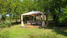 a gazebo in the middle of a grassy area with trees and bushes around it