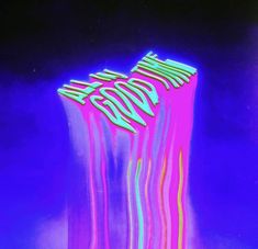 an abstract painting with neon colors on the bottom and black background, that appears to be floating in the air