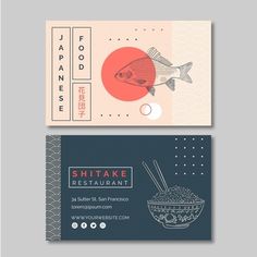 two business cards with japanese food and chopsticks on the front, one has a fish