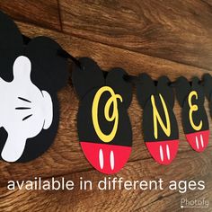 mickey mouse birthday banner with the words one available in different ages