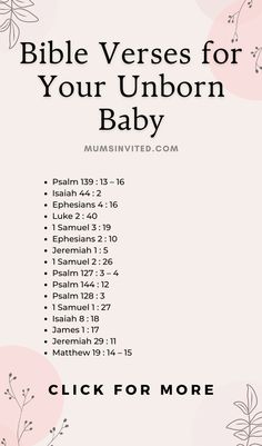 the bible verses for your unicorn baby is shown in black and white with pink flowers