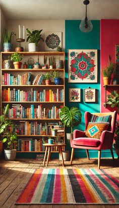 a living room filled with lots of colorful furniture and bookshelves covered in plants