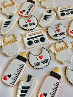 some decorated cookies are laying on a table