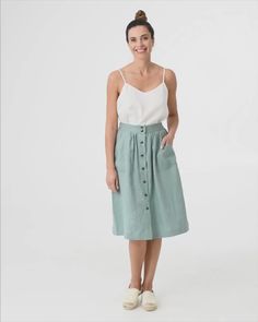 Midi Linen Skirt MONTICELLO in Teal Blue | MagicLinen Wrinkled Clothes, Button Skirt, Light Coral, Linen Skirt, Clothing Care, Linen Clothes, Linen Dress, Teal Blue, Clothing Items