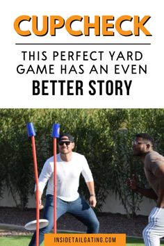 two men are playing frisbee in the grass with text overlay that reads, cupcheck this perfect yard game has an even better story