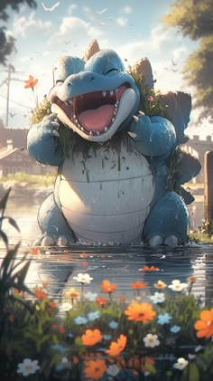 an animated image of a large dinosaur with its mouth open and flowers in the foreground