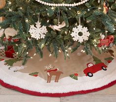 a christmas tree skirt is hanging on a christmas tree