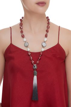 This simple yet stylish piece of accessory, strung with bright red hued stones and a chic ombre tassel should be an absolute upgrade in your necklace collection. Crystal,pearls Semi precious stones Chain hook closure Dimensions:  Latkan Length: 16 cm Mala Length: 68 cm Weight: 105 gm - Aza Fashions Necklaces Long, Jewellery Necklaces, Necklace Collection, Red Ombre, Necklace Red, Semi Precious Stones, Red Crystals, Crystal Pearls, Aza Fashion