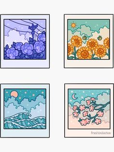 four different pictures with flowers and clouds in the middle one is blue, green, yellow and pink