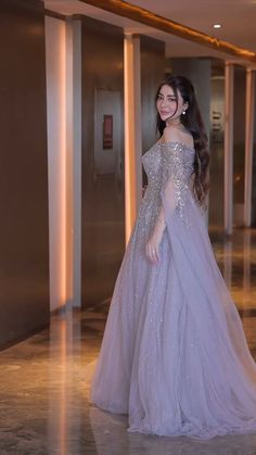Follow whatsapp channel For More Information Full Sleeve Net Gown, Silver Gown For Engagement, Silver Bridal Gown, Purple Engagement Gown, Gowns Dresses Indian For Wedding, Gown Dress Ideas, Engagement Maxi, Gawon Dress, Net Gowns For Women