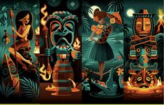 an illustration of a woman standing in front of some strange looking objects and monsters with fire coming out of her mouth